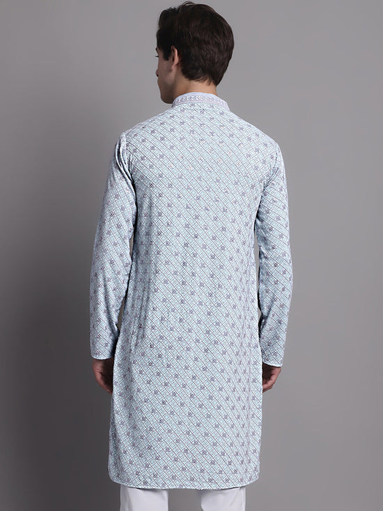 Men's Blue Chikankari Embroidered and Sequence Kurta-KO-5001Blue