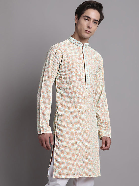 Men's Peach Chikankari Embroidered and Sequence Kurta-KO-5001Peach