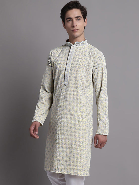 Men's Yellow Chikankari Embroidered and Sequence Kurta-KO-5001Yellow