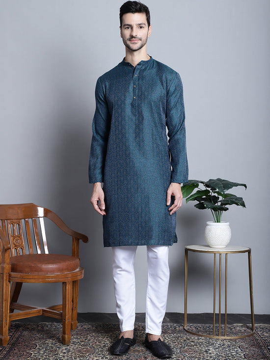 Men Navy Blue Woven Design Kurtas-KO-5003Navy