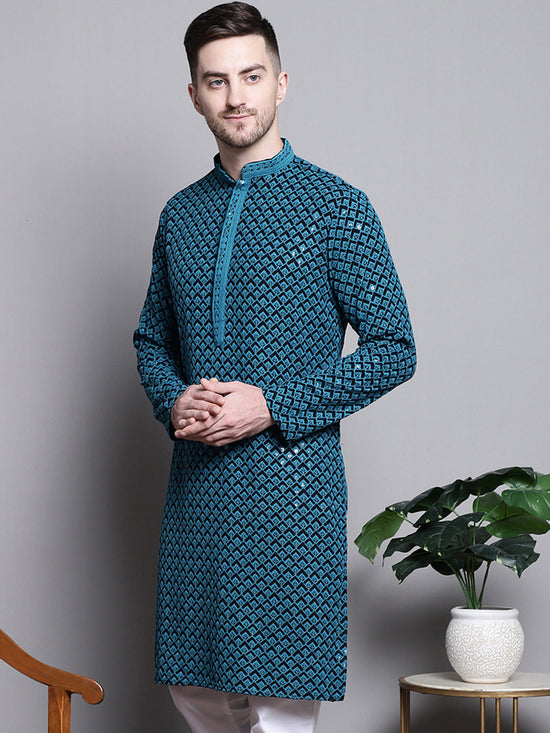 Sequin Embroidered Pure Cotton Kurtas-KO-5004Blue