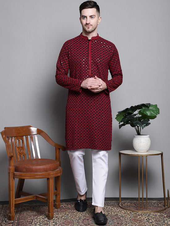 Sequin Embroidered Pure Cotton Kurtas-KO-5004Red