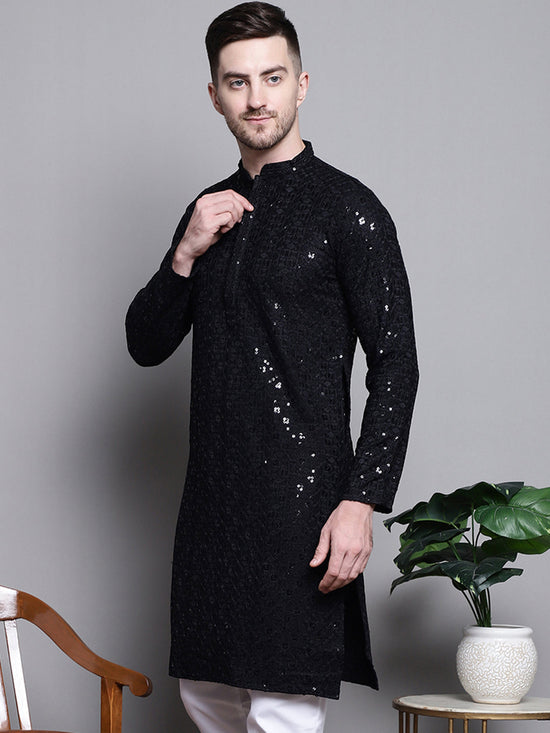 Sequin Embroidered Pure Cotton Kurtas-KO-5006Black