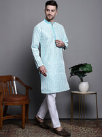 Sequin Embroidered Silk Blend Kurtas-KO-5007Sky