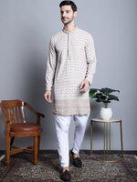 Men's Chikankari Embroidered Kurtas.-KO-5009Beige