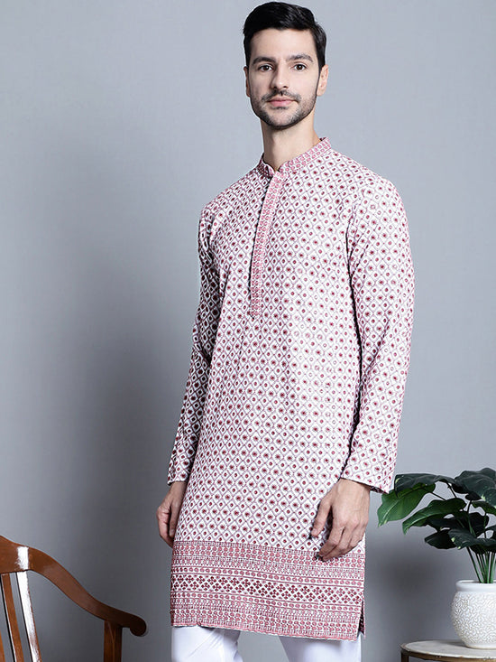 Men's Chikankari Embroidered Kurtas.-KO-5009Pink