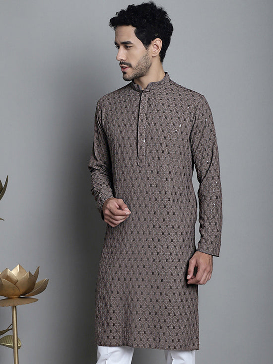 Men's Chikankari Embroidered and Sequence Kurtas-KO-5010Brown