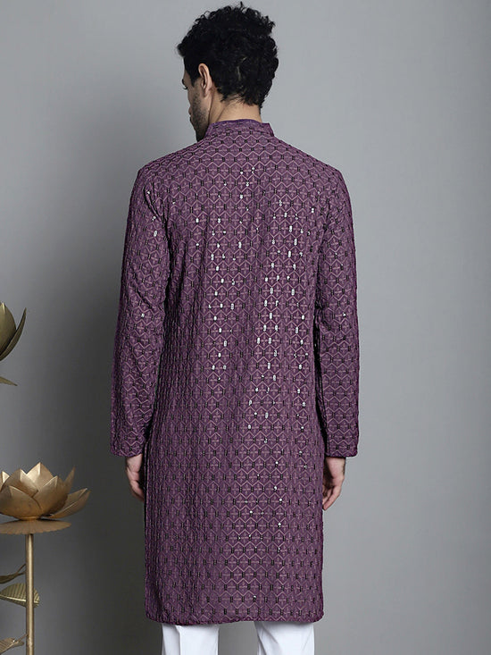 Men's Chikankari Embroidered and Sequence Kurtas-KO-5010Purple