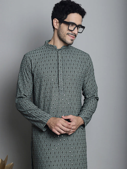 Men's Chikankari Embroidered and Sequence Kurtas-KO-5010Sea-Green