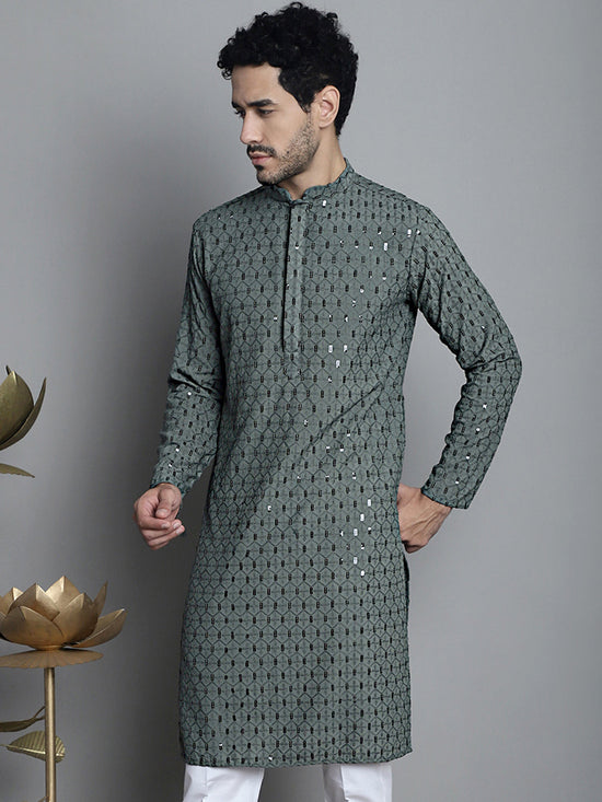 Men's Chikankari Embroidered and Sequence Kurtas-KO-5010Sea-Green