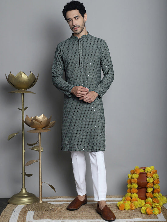 Men's Chikankari Embroidered and Sequence Kurtas-KO-5010Sea-Green