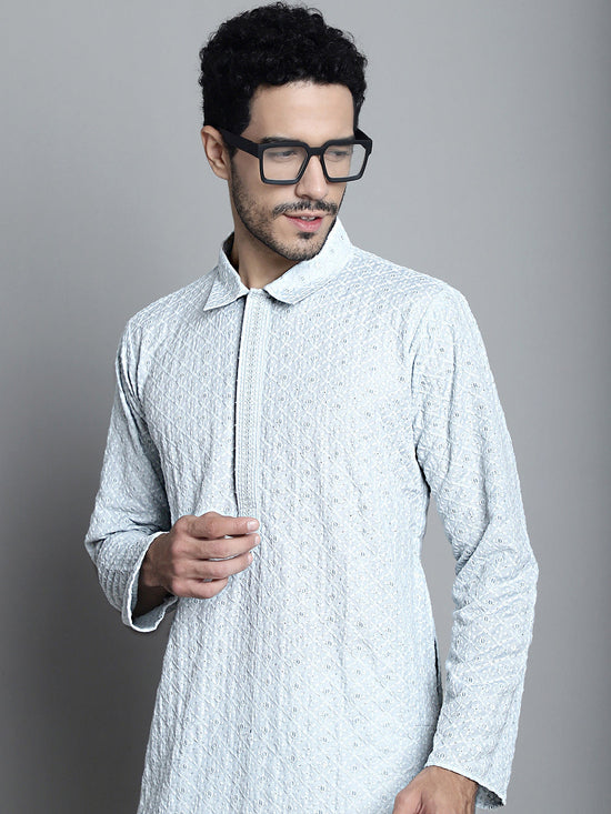 Men's Chikankari Embroidered and Sequence Kurtas-KO-5011Light-Grey