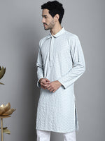 Men's Chikankari Embroidered and Sequence Kurtas-KO-5011Light-Grey