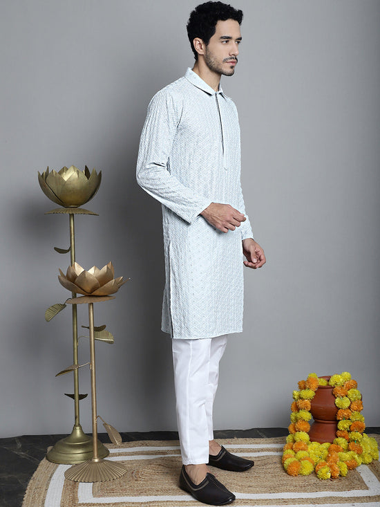 Men's Chikankari Embroidered and Sequence Kurtas-KO-5011Light-Grey