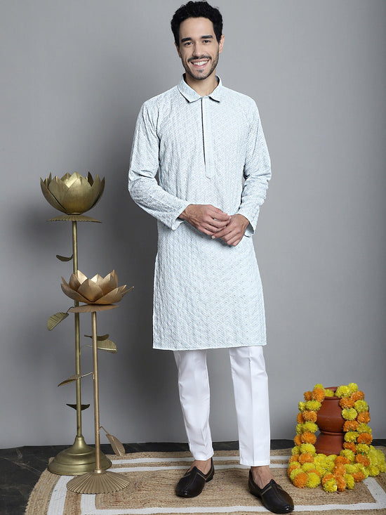 Men's Chikankari Embroidered and Sequence Kurtas-KO-5011Light-Grey