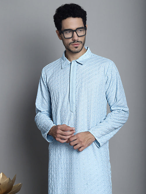 Men's Chikankari Embroidered and Sequence Kurtas-KO-5011Sky