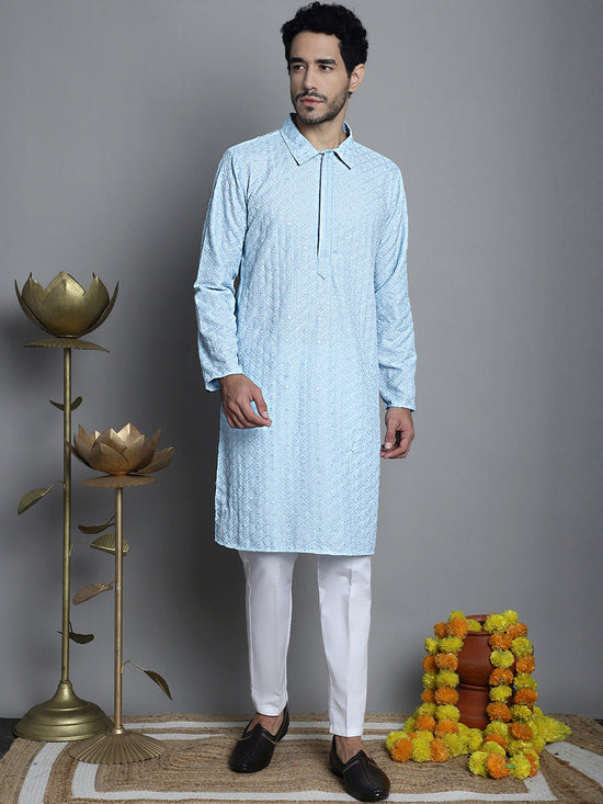 Men's Chikankari Embroidered and Sequence Kurtas-KO-5011Sky