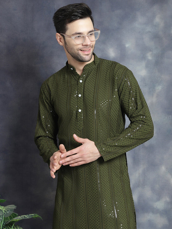 Men's Sequins Chikankari Embroidered Kurtas-KO-5015Mehndi