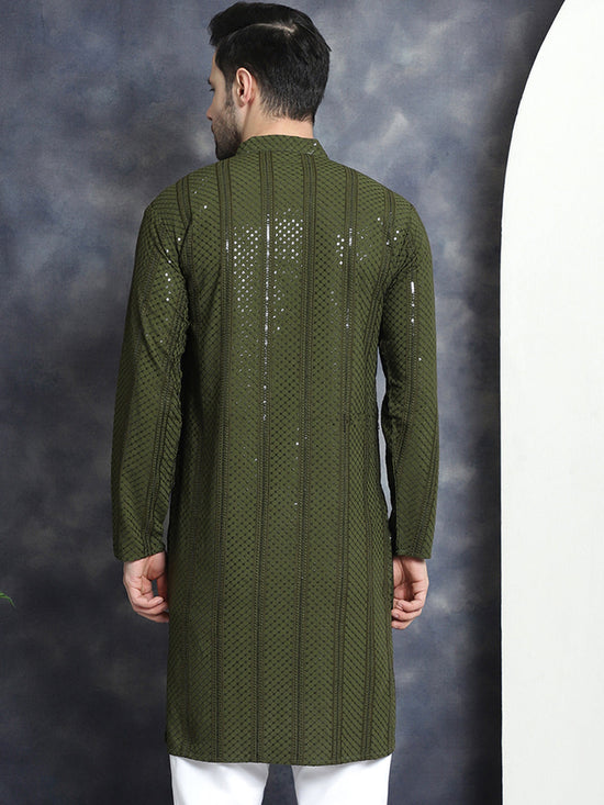 Men's Sequins Chikankari Embroidered Kurtas-KO-5015Mehndi