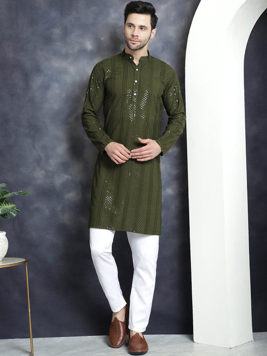 Men's Sequins Chikankari Embroidered Kurtas-KO-5015Mehndi