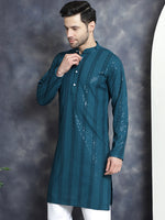 Men's Sequins Chikankari Embroidered Kurtas-KO-5015Peacock