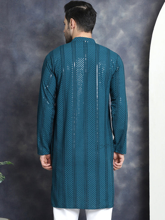 Men's Sequins Chikankari Embroidered Kurtas-KO-5015Peacock