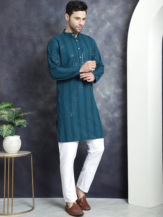 Men's Sequins Chikankari Embroidered Kurtas-KO-5015Peacock