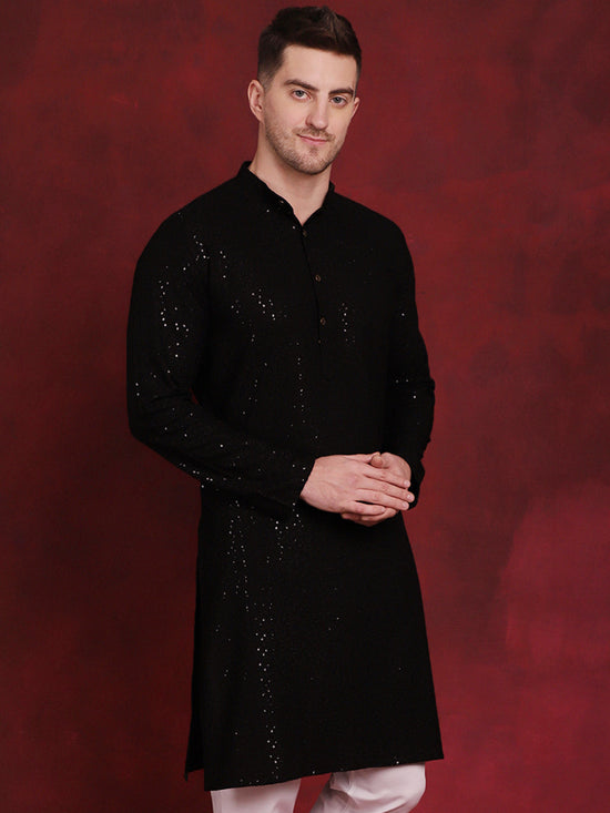 Sequins Chikankari Kurtas for Mens-KO-5018Black