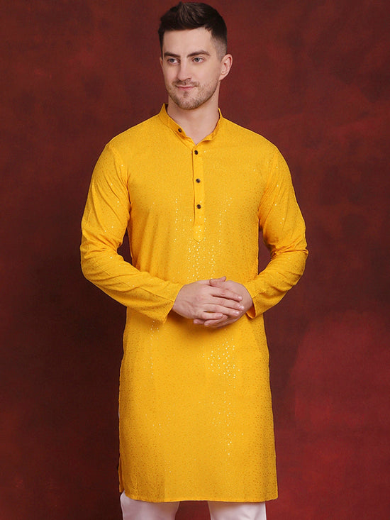 Sequins Chikankari Kurtas for Mens-KO-5018Yellow