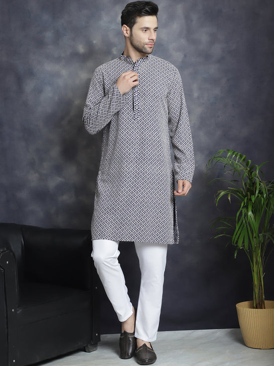 Sequin Embroidered Pure Cotton Kurtas-KO-5028Navy