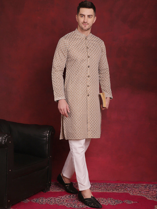 Sequin Chikankari Front Open Kurtas-KO-5029Beige