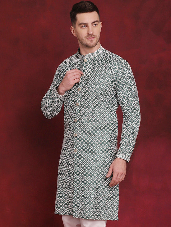 Sequin Chikankari Front Open Kurtas-KO-5029Green