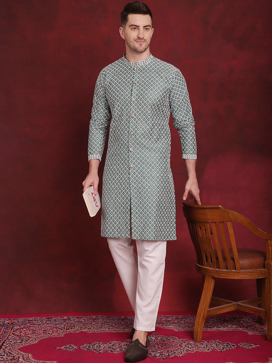 Sequin Chikankari Front Open Kurtas-KO-5029Green