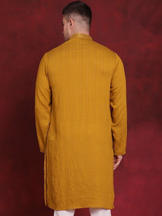 Sequins Embroidered Kurtas for Men-KO-5030Mustard