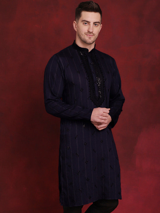 Sequins Embroidered Kurtas for Men-KO-5030Navy