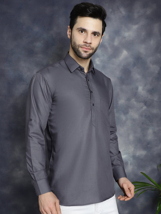 Men's Grey Solid Short Kurtas-KO-5037Grey