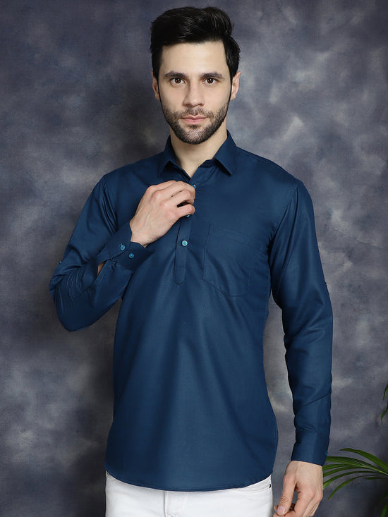 Men's Teal Blue Solid Short Kurtas-KO-5037Teal