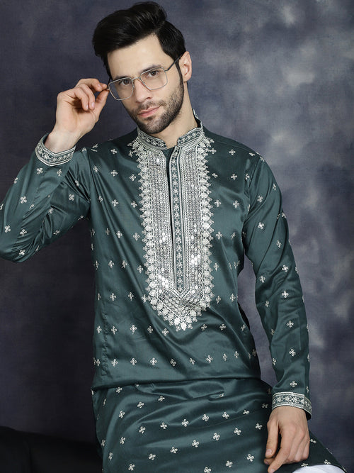 Men's Sequins Embroidered Kurtas-KO-5038Olive