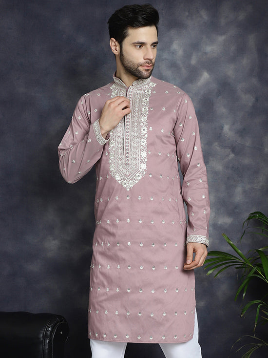 Men's Chikankari Embroidered Kurtas-KO-5039Magenta