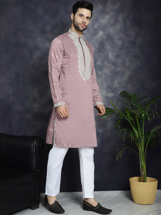 Men's Chikankari Embroidered Kurtas-KO-5039Magenta