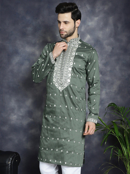 Men's Chikankari Embroidered Kurtas-KO-5039Olive