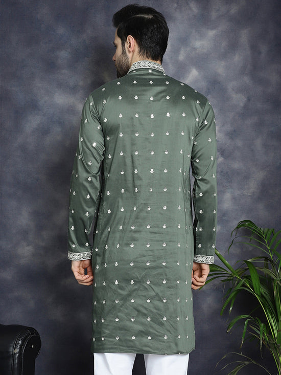 Men's Chikankari Embroidered Kurtas-KO-5039Olive