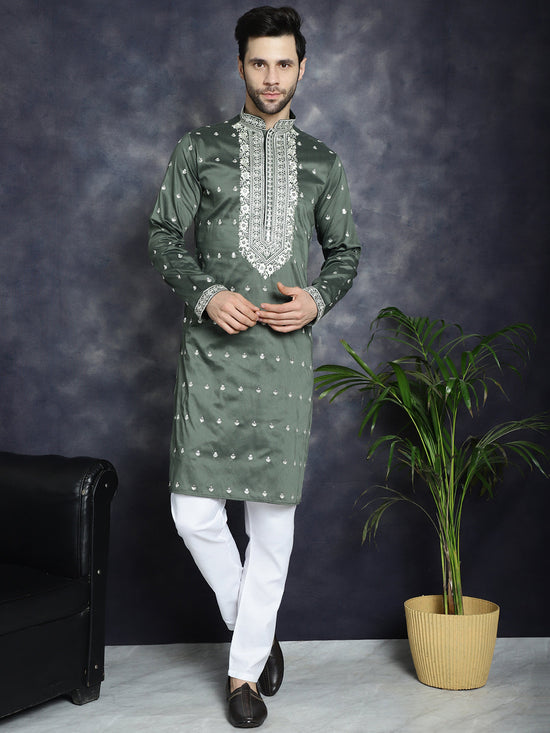 Men's Chikankari Embroidered Kurtas-KO-5039Olive