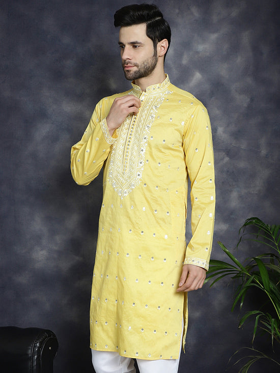 Men's Chikankari Embroidered Kurtas-KO-5039Yellow