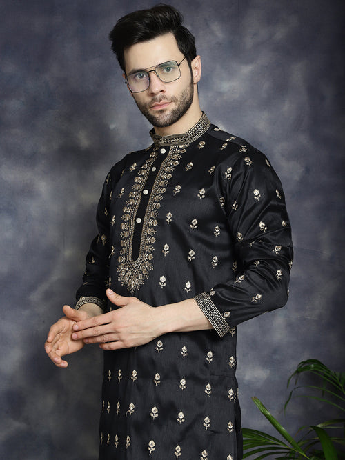 Men's Black Chikankari Embroidered Kurtas-KO-5042Black