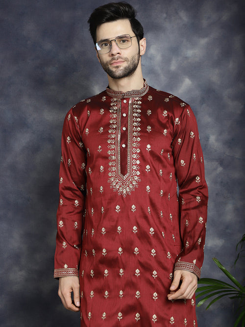 Men's Maroon Chikankari Embroidered Kurtas-KO-5042Maroon