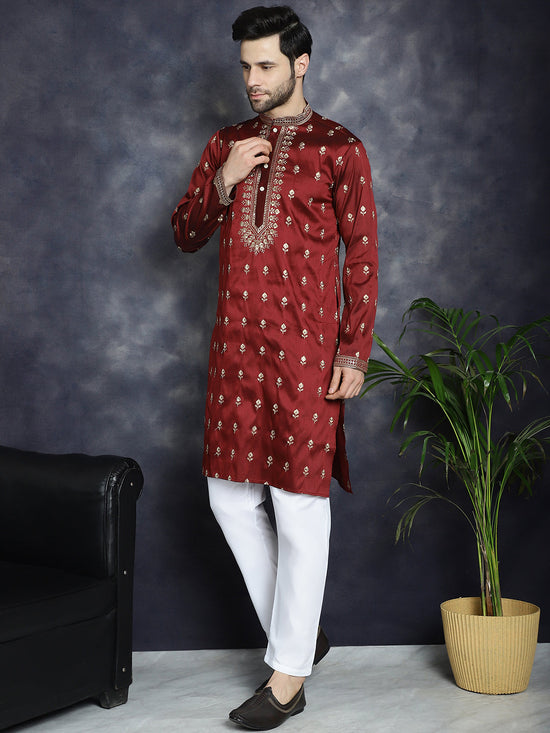 Men's Maroon Chikankari Embroidered Kurtas-KO-5042Maroon