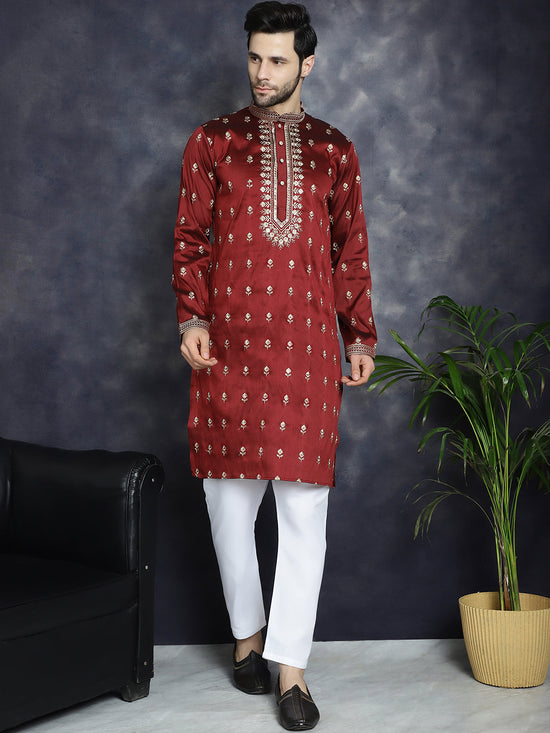 Men's Maroon Chikankari Embroidered Kurtas-KO-5042Maroon