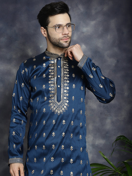 Men's Navy Blue Chikankari Embroidered Kurtas-KO-5042Navy