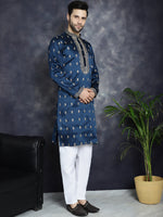 Men's Navy Blue Chikankari Embroidered Kurtas-KO-5042Navy